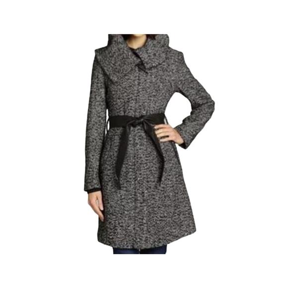 Cole Haan Womens Black & White Wool Blend Leather Trim Tweed Coat Size 10 - Picture 11 of 11